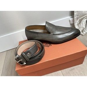 New Di Bianco Istria Men Gray Leather Penny Loafers Slip On Shoes 11.5 & belt
